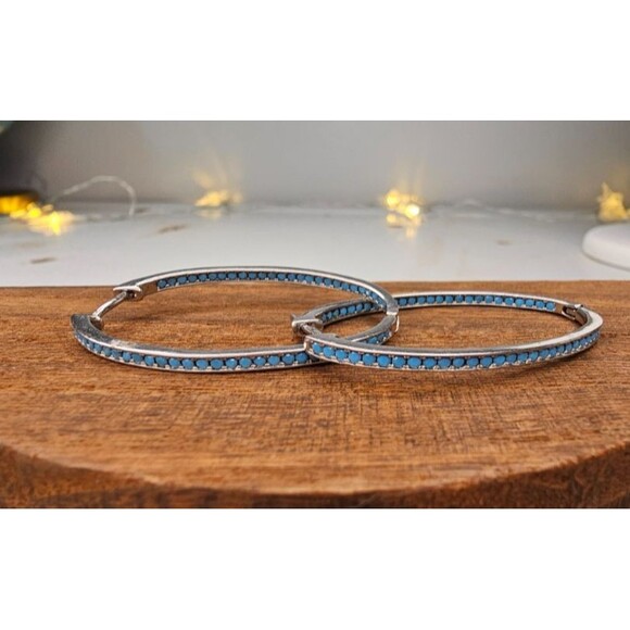 925 Elongated Hoops with Blue Cut Stones on outside and inside of hoops 1 3/4"L - Picture 2 of 6